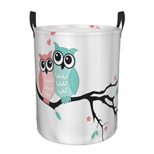 laundry basket,owl couple sitting on tree branch valentines romance love,large canvas fabric lightweight storage basket/toy organizer/dirty clothes collapsible waterproof for college dorms-large