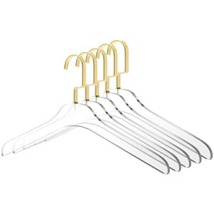 Quality Clear Acrylic Lucite Coat Suit Hangers, Stylish Clothes Hanger with Silver Hook - Coat Hanger for Dress, Suit - Adult Closet Organizer Hangers Matte Gold, 5 Pcs