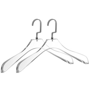 quality clear lucite acrylic heavy duty coat suit hangers – 2 pack, curved stylish clothes hanger with wide matte silver hooks - coat hanger for dress, suit - closet organizer adult hangers