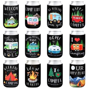 12 pcs camping can sleeves happy camper neoprene can sleeves soda can beverage for camping picnic outdoor activities supplies camper decor rv decorations for inside camper