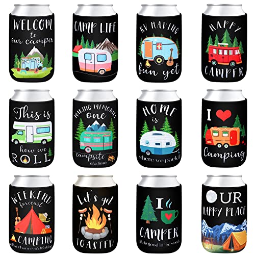 12 Pcs Camping Can Sleeves Happy Camper Neoprene Can Sleeves Soda Can Beverage for Camping Picnic Outdoor Activities Supplies Camper Decor RV Decorations for Inside Camper