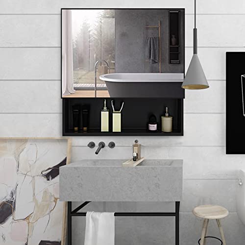 YEPOTUE Black Mirrored Medicine Cabinet 23.6" x19.6 Bathroom Wall Mounted Space Aluminum Storage, Water, and Rust Resistant, Surface Mount…