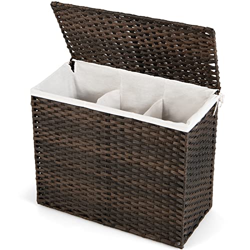 Giantex Laundry Hamper with Lid and Handle, 35 Gal (130L) Wicker Laundry Basket, 3-Section Removable Liner Bag, Synthetic Rattan Divided Clothes Hamper Storage Organizer for Bathroom (Brown)