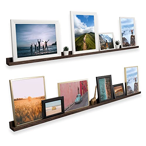 Rustic State Ted 72" Wall Mount Extra Long Narrow Picture Ledge Photo Frame Display - Wooden Floating Shelf for Living Room Office Kitchen Bedroom Bathroom - Burnt Brown - Set of 2