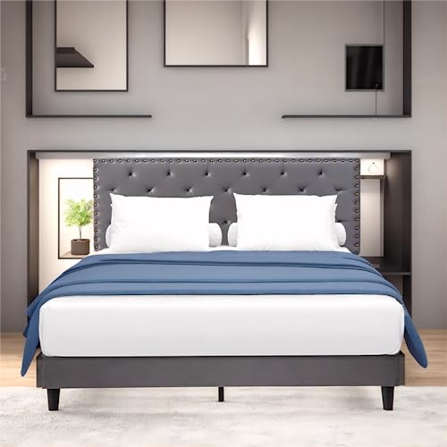 GAZHOME Twin XL Velvet Bed Frame, Upholstered Platform Bed with Adjustable Tufted Headboard, Rivet Ornament, Wood Slat Support, No Box Spring Needed, Easy Assembly, Grey