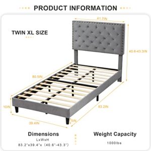 GAZHOME Twin XL Velvet Bed Frame, Upholstered Platform Bed with Adjustable Tufted Headboard, Rivet Ornament, Wood Slat Support, No Box Spring Needed, Easy Assembly, Grey