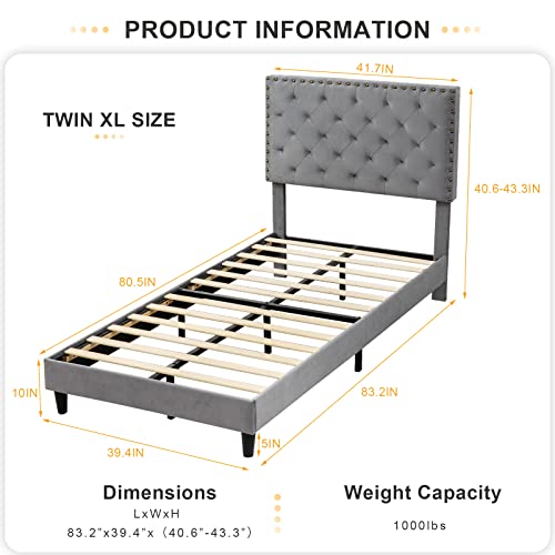 GAZHOME Twin XL Velvet Bed Frame, Upholstered Platform Bed with Adjustable Tufted Headboard, Rivet Ornament, Wood Slat Support, No Box Spring Needed, Easy Assembly, Grey