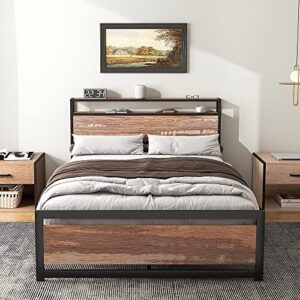 osfvolr queen bed frame, industrial metal platform bed frame with 2 tier storage wooden headboard and footboard, heavy duty steel mattress foundation, noise free, bedroom furniture, rustic brown