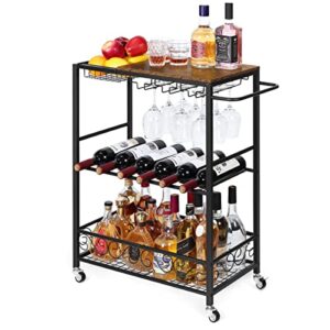 melos bar cart, mobile bar serving cart, rolling wine cart with glass stemware rack and wine bottle holders, ndustrial vintage style kitchen serving cart for, kitchen(brown)