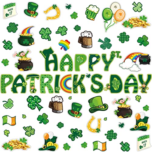 68 Pcs St. Patrick's Day Classroom Bulletin Border Decoration Shamrock Cutouts Gold Cutouts Hat Beer Mug Cutouts Happy St. Patrick's Day Cutouts for St. Patrick's Classroom Wall Decor (Fresh Shamrock)