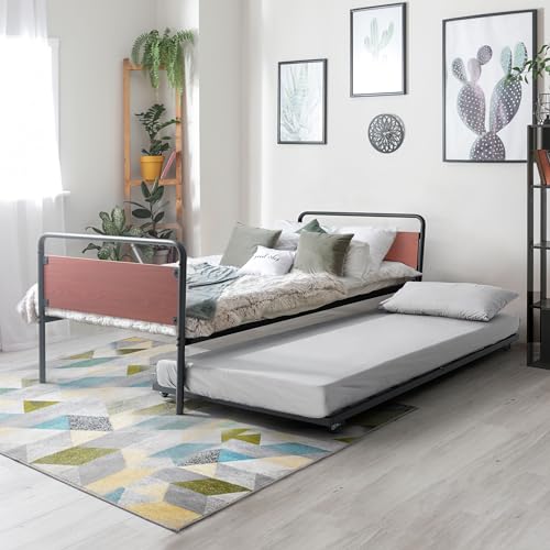 CAPHAUS Round Corner Metal Daybed Frame with Trundle, Twin Bed and Trundle Set, Mattress Foundation with Steel Slat Support and Roll Out Trundle Accommodate, Premium Steel, P2 Grade Walnut Wood Board