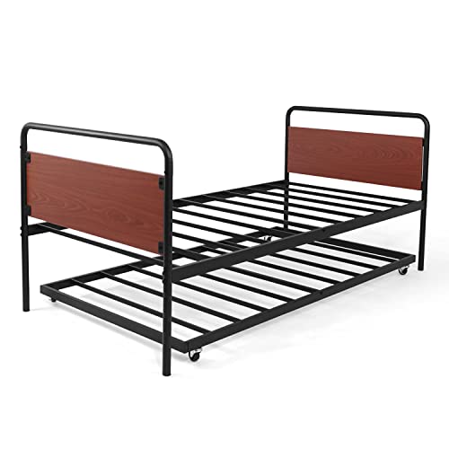 CAPHAUS Round Corner Metal Daybed Frame with Trundle, Twin Bed and Trundle Set, Mattress Foundation with Steel Slat Support and Roll Out Trundle Accommodate, Premium Steel, P2 Grade Walnut Wood Board