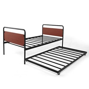 CAPHAUS Round Corner Metal Daybed Frame with Trundle, Twin Bed and Trundle Set, Mattress Foundation with Steel Slat Support and Roll Out Trundle Accommodate, Premium Steel, P2 Grade Walnut Wood Board