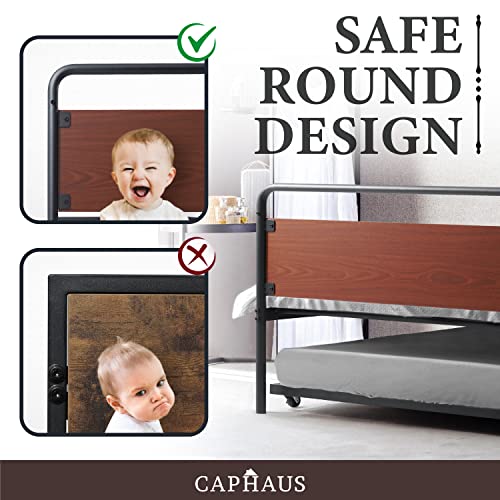 CAPHAUS Round Corner Metal Daybed Frame with Trundle, Twin Bed and Trundle Set, Mattress Foundation with Steel Slat Support and Roll Out Trundle Accommodate, Premium Steel, P2 Grade Walnut Wood Board