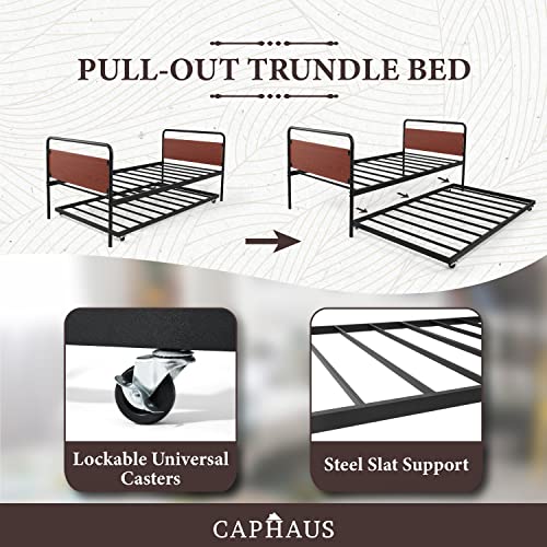 CAPHAUS Round Corner Metal Daybed Frame with Trundle, Twin Bed and Trundle Set, Mattress Foundation with Steel Slat Support and Roll Out Trundle Accommodate, Premium Steel, P2 Grade Walnut Wood Board