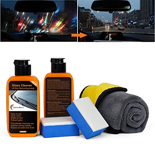 2PCS Car Glass Oil Film Cleaner 240g with Microfiber Towel and Sponge,Glass Film Removal Paste,Car Windshield Oil Film Cleaner for Auto and Home Eliminates Coatings to Restore Glass to Clear