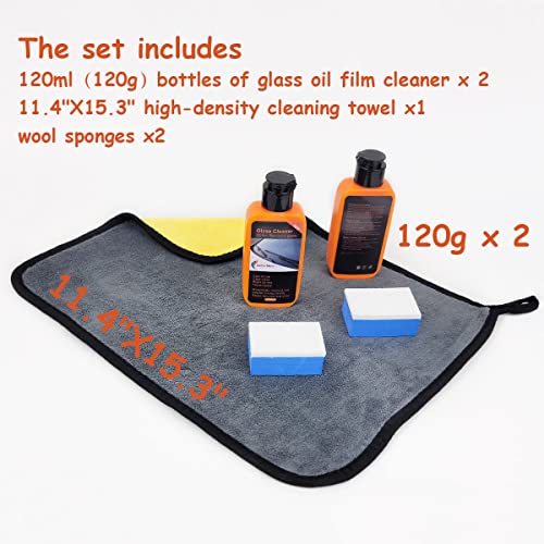 2PCS Car Glass Oil Film Cleaner 240g with Microfiber Towel and Sponge,Glass Film Removal Paste,Car Windshield Oil Film Cleaner for Auto and Home Eliminates Coatings to Restore Glass to Clear