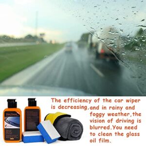 2PCS Car Glass Oil Film Cleaner 240g with Microfiber Towel and Sponge,Glass Film Removal Paste,Car Windshield Oil Film Cleaner for Auto and Home Eliminates Coatings to Restore Glass to Clear