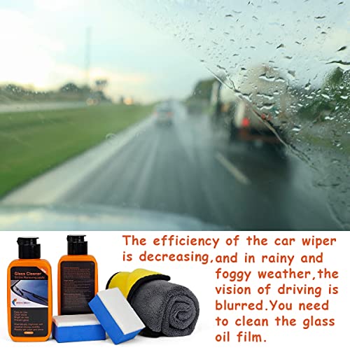 2PCS Car Glass Oil Film Cleaner 240g with Microfiber Towel and Sponge,Glass Film Removal Paste,Car Windshield Oil Film Cleaner for Auto and Home Eliminates Coatings to Restore Glass to Clear