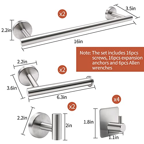 Bathroom Hardware Set, 5/10/20pcs Bathroom Hardware Set, Stainless Steel Bath Hardware Set Including 16" Hand Towel Bars, Toilet Paper Holders, 3 Multifunctional Robe Hooks (10pcs, Brushed Nickel)