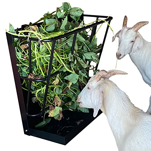 QVQE Hay Feeder Goat, 18 Gallon Multiple Sided Goat Hay Rack, Heavy Duty Iron Wall Hay Rack for Sheep with Detachable Grain Tray, Effortless Installation in Farm, Yield… (2 in 1)