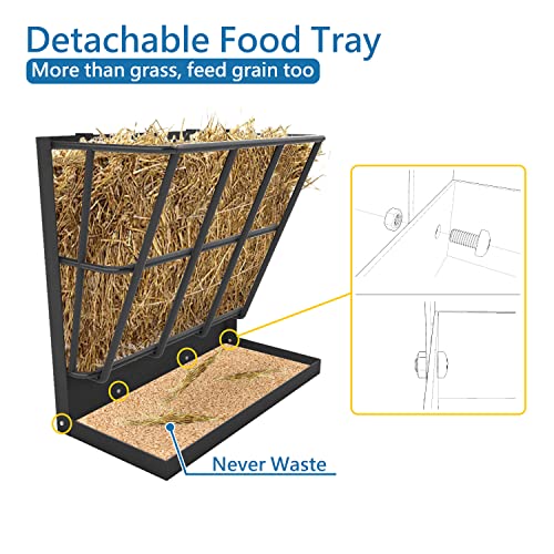 QVQE Hay Feeder Goat, 18 Gallon Multiple Sided Goat Hay Rack, Heavy Duty Iron Wall Hay Rack for Sheep with Detachable Grain Tray, Effortless Installation in Farm, Yield… (2 in 1)