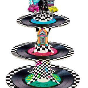 50s Rock and Roll Party Decorations, 3 Tier Retro Theme Music Cupcake Stand, Record Cupcake Tower, Grease Party Dessert Tower for 1950s Theme Music Birthday Party Supplies