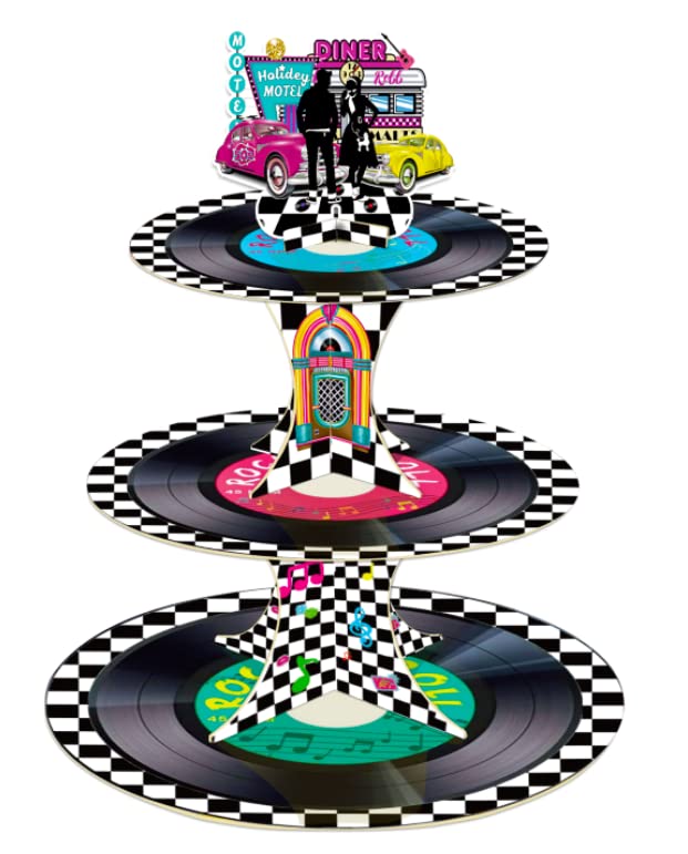 50s Rock and Roll Party Decorations, 3 Tier Retro Theme Music Cupcake Stand, Record Cupcake Tower, Grease Party Dessert Tower for 1950s Theme Music Birthday Party Supplies