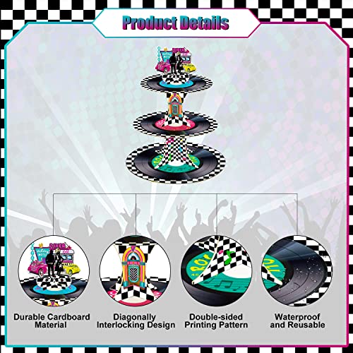 50s Rock and Roll Party Decorations, 3 Tier Retro Theme Music Cupcake Stand, Record Cupcake Tower, Grease Party Dessert Tower for 1950s Theme Music Birthday Party Supplies