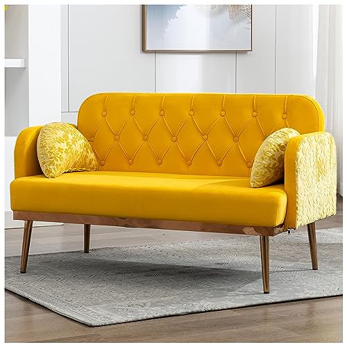 Lin-Utrend 55" Yellow Small Velvet Loveseat Couch with Elegant Moon Shape Pillows, 2-Seater Upholstered Modern Sofas Accent Loveseat Sofa Couch Small Space for Living Room Apartments