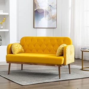 Lin-Utrend 55" Yellow Small Velvet Loveseat Couch with Elegant Moon Shape Pillows, 2-Seater Upholstered Modern Sofas Accent Loveseat Sofa Couch Small Space for Living Room Apartments