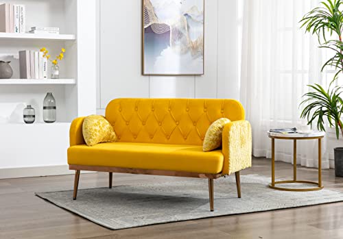 Lin-Utrend 55" Yellow Small Velvet Loveseat Couch with Elegant Moon Shape Pillows, 2-Seater Upholstered Modern Sofas Accent Loveseat Sofa Couch Small Space for Living Room Apartments