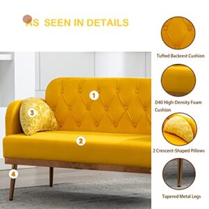 Lin-Utrend 55" Yellow Small Velvet Loveseat Couch with Elegant Moon Shape Pillows, 2-Seater Upholstered Modern Sofas Accent Loveseat Sofa Couch Small Space for Living Room Apartments