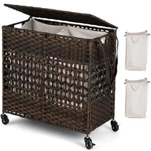 giantex laundry hamper with wheels and lid, 33 gal (125l) wicker laundry basket, 2 removable liner bags, handles and pulling strap, synthetic rattan laundry hamper clothes storage organizer (brown)
