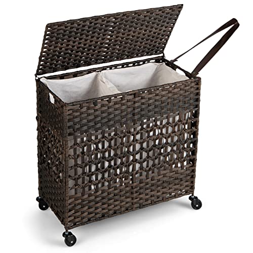 Giantex Laundry Hamper with Wheels and Lid, 33 Gal (125L) Wicker Laundry Basket, 2 Removable Liner Bags, Handles and Pulling Strap, Synthetic Rattan Laundry Hamper Clothes Storage Organizer (Brown)