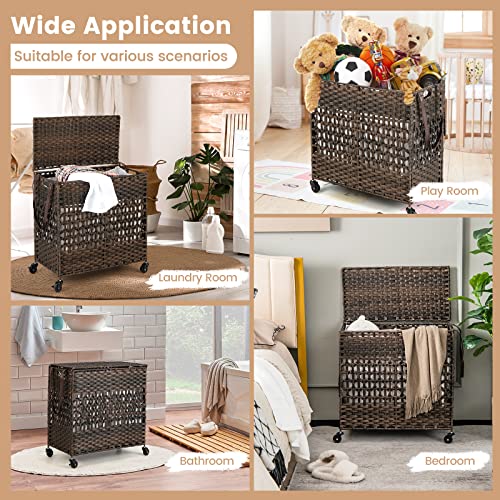 Giantex Laundry Hamper with Wheels and Lid, 33 Gal (125L) Wicker Laundry Basket, 2 Removable Liner Bags, Handles and Pulling Strap, Synthetic Rattan Laundry Hamper Clothes Storage Organizer (Brown)