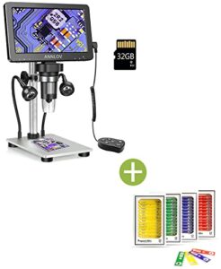annlov 7" lcd digital microscope with 32gb tf card 1200x maginfication 1080p coin microscope, 48pcs prepared microscope slide