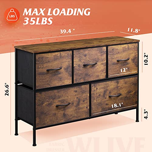 WLIVE 2-Drawer Nightstand and 5-Drawer Dresser Set, Fabric Storage Tower for Bedroom, Hallway, Nursery, Tall Chest Organizer Unit with Textured Print Fabric Bins, Rustic Brown Wood Grain Print