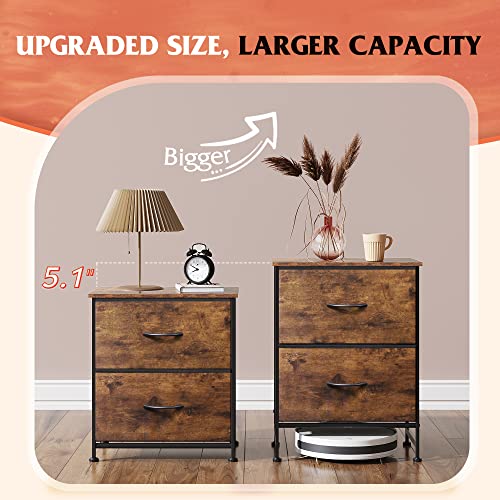 WLIVE 2-Drawer Nightstand and 5-Drawer Dresser Set, Fabric Storage Tower for Bedroom, Hallway, Nursery, Tall Chest Organizer Unit with Textured Print Fabric Bins, Rustic Brown Wood Grain Print