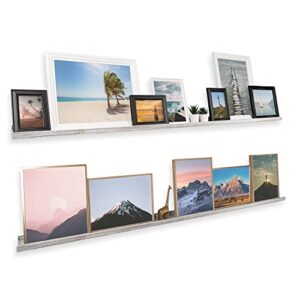 rustic state ted 72" wall mount extra long narrow picture ledge photo frame display - wooden floating shelf for living room office kitchen bedroom bathroom - burnt white - set of 2