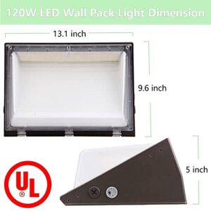 120W LED Wall Pack Light Fixture with Dusk to Dawn, 5000K Daylight Commercial Outdoor Lighting, 0-10V Dimmable 16800LM 600-800W HPS/HID Equiv., UL/DLC Waterproof LED Flood Security Light for Warehouse