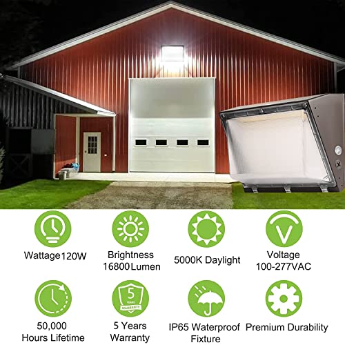 120W LED Wall Pack Light Fixture with Dusk to Dawn, 5000K Daylight Commercial Outdoor Lighting, 0-10V Dimmable 16800LM 600-800W HPS/HID Equiv., UL/DLC Waterproof LED Flood Security Light for Warehouse