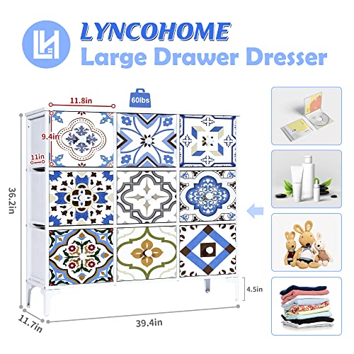 LYNCOHOME 9 Drawers Dresser for Bedroom, Closet, Clothes, Storage Tower Organizer, Chest of Drawers, White, Fabric Drawers(Sea White)