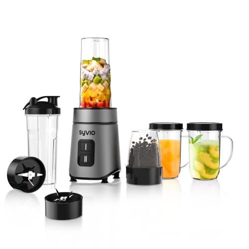 Syvio Blender for Shakes and Smoothies, 600W Personal Blender, Smoothie Blender with 2 BPA-Free 20 Oz Sport Cup, 2 Party Mugs, 1 * 10 Oz short cup,Easy to Clean