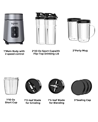 Syvio Blender for Shakes and Smoothies, 600W Personal Blender, Smoothie Blender with 2 BPA-Free 20 Oz Sport Cup, 2 Party Mugs, 1 * 10 Oz short cup,Easy to Clean