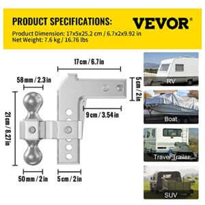 VEVOR Adjustable Trailer Hitch, Fits 2" Receiver, 6" Drop Ball Mount Hitch w/ Forged Aluminum Shank & Two Iron Balls, 12500 LBS Towing Capacity for Most Common Needs, Dual Locking Pins Included