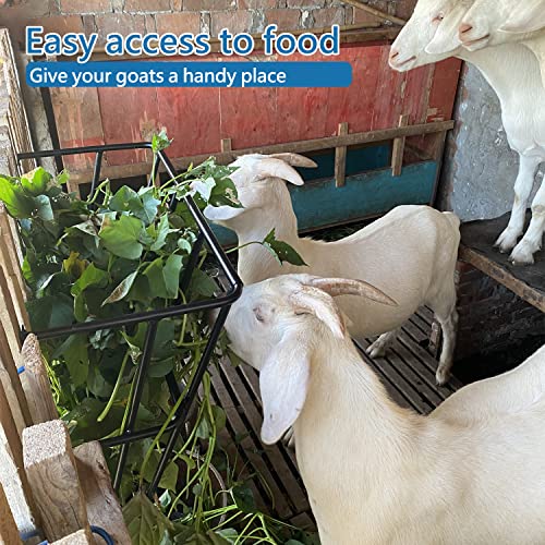 QVQE Hay Feeder Goat, 18 Gallon Multiple Sided Goat Hay Rack, Heavy Duty Iron Wall Hay Rack for Sheep with Detachable Grain Tray, Effortless Installation in Farm, Yield