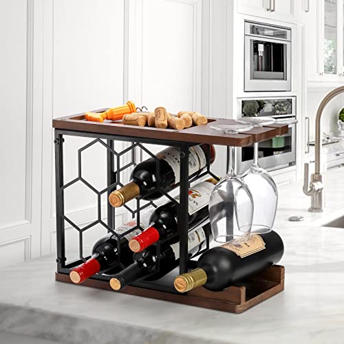 Elsjoy Countertop Wine Rack with Glass Holder, Wood Metal Wine Bottle Rack Free Standing Tabletop Wine Bottle Holder, Wooden Wine Storage Rack for Home, Kitchen, Bar (Hold 7 Bottles and 2 Glasses)