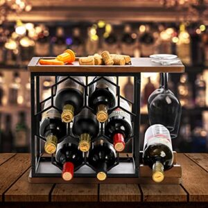 Elsjoy Countertop Wine Rack with Glass Holder, Wood Metal Wine Bottle Rack Free Standing Tabletop Wine Bottle Holder, Wooden Wine Storage Rack for Home, Kitchen, Bar (Hold 7 Bottles and 2 Glasses)