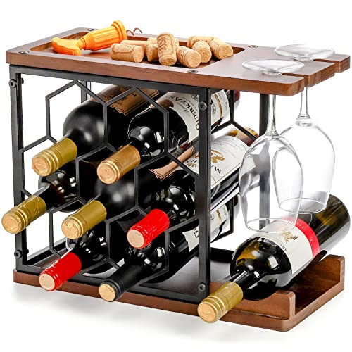 Elsjoy Countertop Wine Rack with Glass Holder, Wood Metal Wine Bottle Rack Free Standing Tabletop Wine Bottle Holder, Wooden Wine Storage Rack for Home, Kitchen, Bar (Hold 7 Bottles and 2 Glasses)